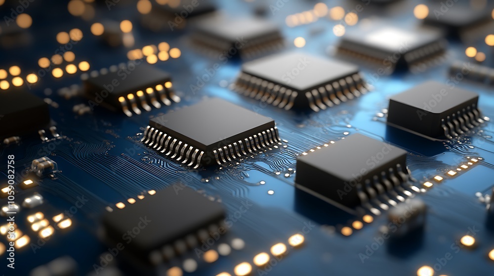 Poster close up circuit board with microchips plain textured background for web design and copy