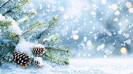 Winter Christmas Background with Snowy Pine Branches and Snow Heap