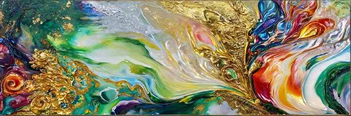 Colorful abstract painting oil and water with 3d golden 24k	