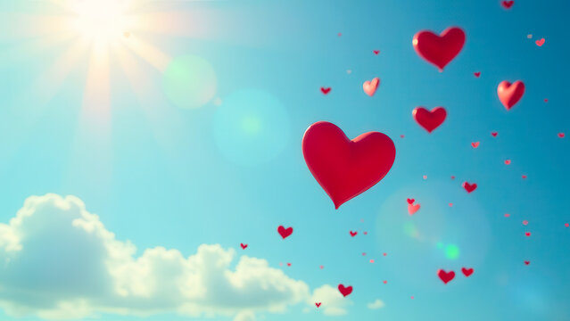 Valentine's day concept. Many red heart shape balloons against blue sky with clouds