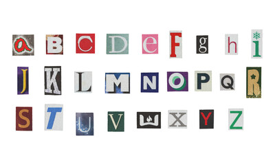 Set of cut-out English alphabet letters from magazines on a transparent background, retro y2k style