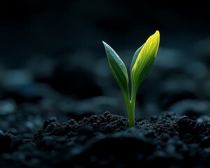 Graphic showing a vibrant sprout emerging from dark, fertile earth, illuminated by gentle sunlight, embodying the essence of growth and the promise of new beginnings