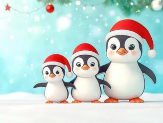 Cute 3D Illustration cartoon of a family of penguins in Santa hats, playing in the snow, heartwarming Christmas theme