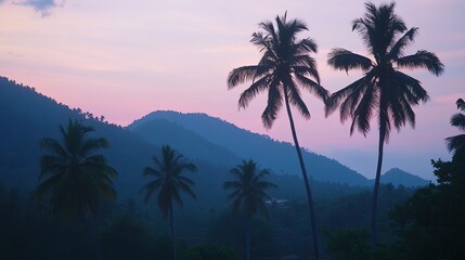Coastal Tranquility: Hills, Beaches, and Coconut Trees at Dusk