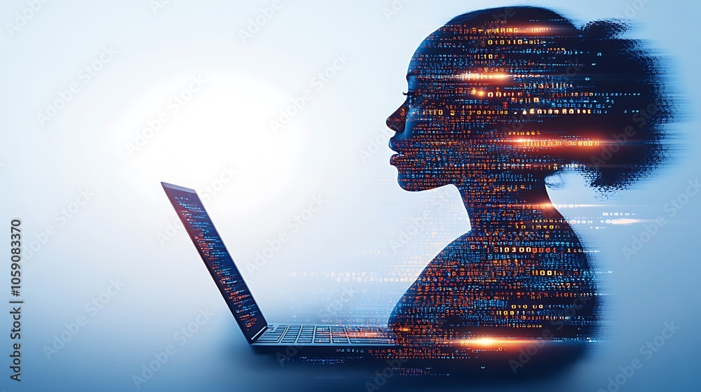 Poster woman with digital code for website subtle blur background with space for custom text