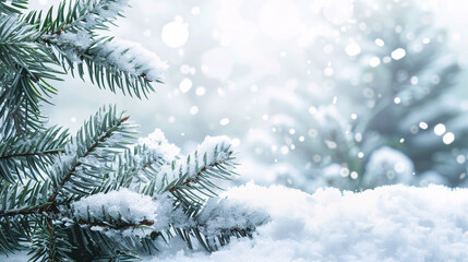 Winter Christmas Background with Snowy Pine Branches and Snow Heap