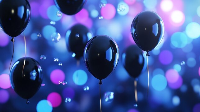 Floating black balloons amidst striking bokeh lights