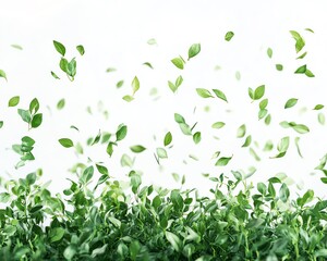 Illustration of lush green boxwood leaves gracefully dancing in the air against a bright white background, creating an atmosphere of freshness and vitality in nature