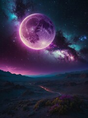 A mesmerizing cosmic scene of radiant nebula in vibrant shades of purple, teal, with glowing stars and distant galaxies filling the background, large glowing moon hangs above