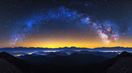 Fototapeta premium Milky Way Majesty: A breathtaking panorama of the Milky Way galaxy arching over a mountain range, casting a celestial glow on the distant cityscape.