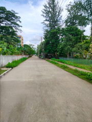 a long empty road with trees and grass