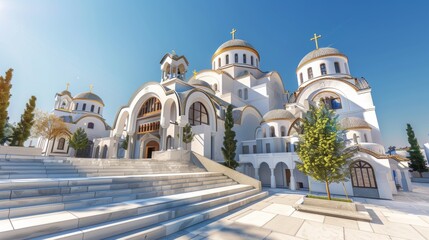 Fototapeta premium Stunning byzantine orthodox church with intricate architecture and domes against clear blue sky