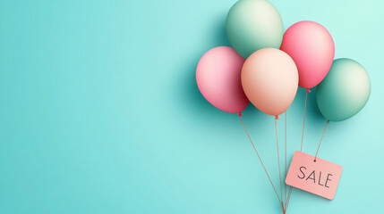 Colorful balloons floating with sale sign, blue background