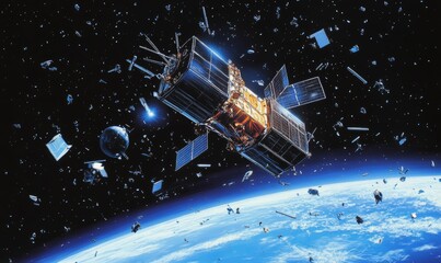 Naklejka premium Satellite orbiting Earth in space debris field.