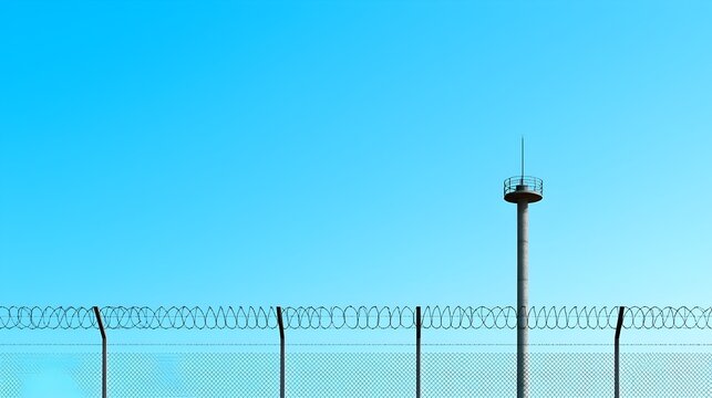 High Security Prison Solitary Confinement - Suspect in Orange Jumpsuit Behind Fence with Distant Watchtower Overhead Capturing Tension and Isolation in Correctional Environment