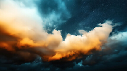 Dramatic sky with illuminated clouds during sunset or sunrise, featuring vibrant orange and blue colors under a starry night background.