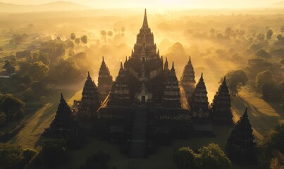 Ancient temple bathed in golden sunrise mist.