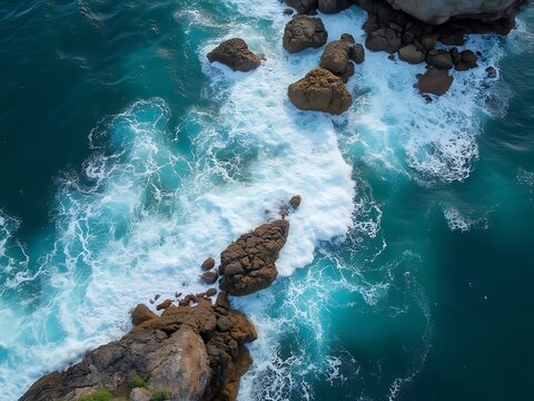 Abstract aerial view of ocean waves crashing on a rocky shore