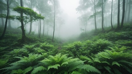 Obraz premium Abstract green forest background with fog and mist, for nature concept design.