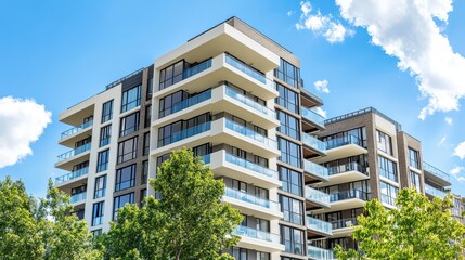 Modern Apartment Building with Blue Sky and Clouds
