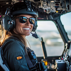 a beautiful  white female model pilot flying a helicopter with headset