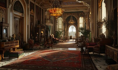 Obraz premium Ornate interior with a view of a palm tree.