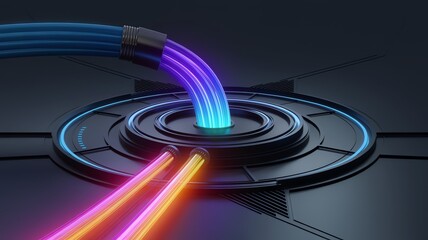 Obraz premium Futuristic technology concept with glowing neon cables merging into a central hub, illustrating digital connectivity and data transfer.