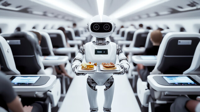 A futuristic scene where a humanoid robot serves food to passengers on a luxury airplane, just like a flight attendant.