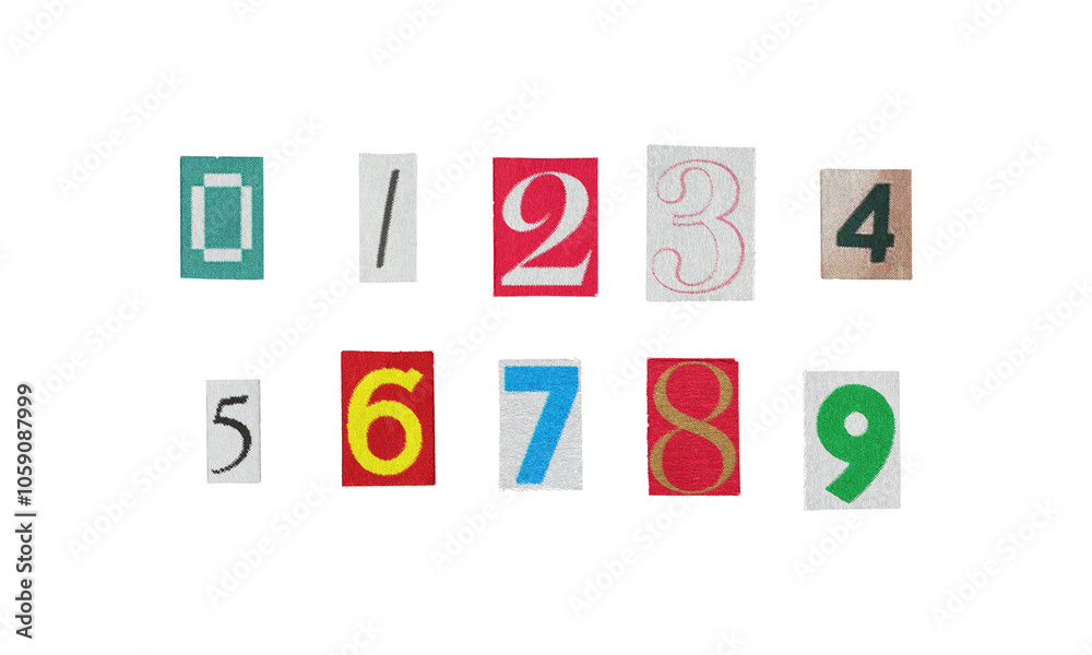 Fototapete set of cut-out ransom numbers from magazines on a transparent background, retro y2k style