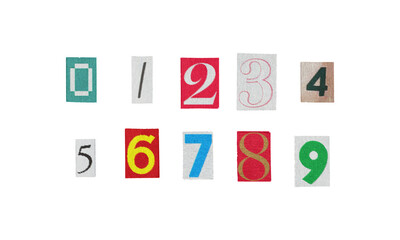 Set of cut-out ransom numbers from magazines on a transparent background, retro y2k style