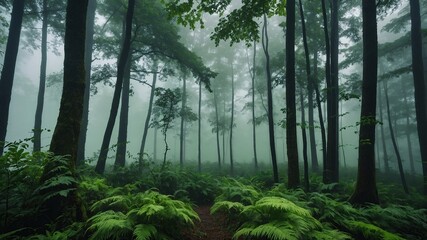Obraz premium Abstract green forest background with fog and mist, for nature concept design. 