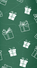 A pattern of white present icons on a green background, creating an elegant and festive design for Christmas and New Year gifts or greeting cards