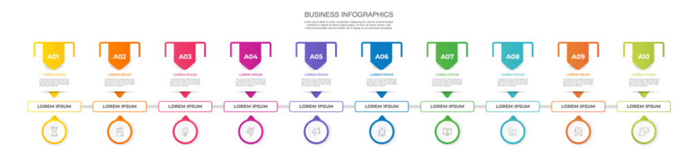 Business vector infographics with ten circles and arrows. Timeline visualization with 10 steps for diagram, flowchart, banner, presentations, web, content, levels, chart, graphic