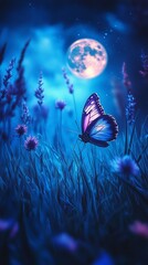 Enchanting nocturnal scene: vibrant blue butterfly perched on delicate wildflower, illuminated by ethereal moonlight. Dreamy atmosphere with starry sky and full moon.