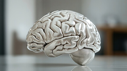 Close-up of a silver metallic brain sculpture on a reflective surface with soft-focus background.
