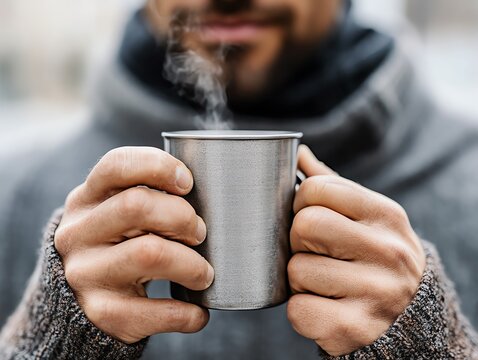 Man enjoying a steaming cup of coffee outdoors, wrapped in warm clothing. Perfect for themes of relaxation and warmth in winter scenery.