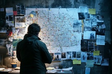 Detective Analyzing Crime Connections on Evidence Board in Dimly Lit Room with Detailed Map of City Streets