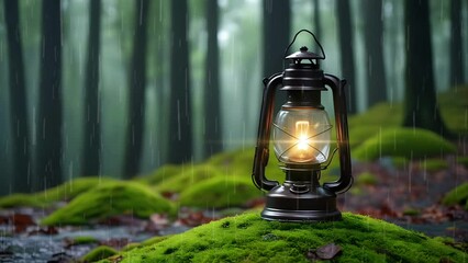 An old lantern on a mossy rock in the middle of the forest. Seamless 4K looping timelapse video animation background - Powered by Adobe