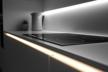 Close-up of a modern induction cooktop on a minimalist kitchen countertop, highlighted by warm under-cabinet lighting that adds elegance and depth to the space