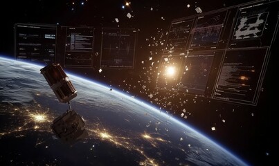 Satellite orbiting Earth with space debris.