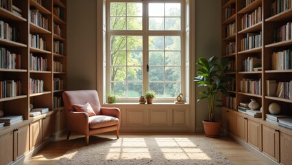 Elegant Reading Nook with Sunlight and Bookshelves
