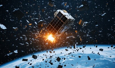 Naklejka premium Space debris surrounds a satellite near Earth.