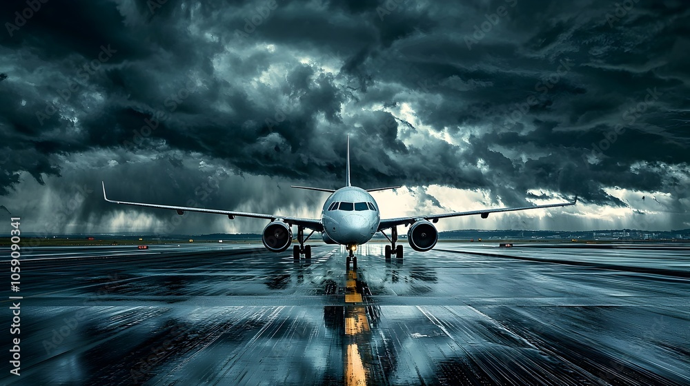 Aufkleber Dramatic perspective of an empty airport runway with ominous dark clouds looming overhead symbolizing the unpredictability and uncertainty of travel during inclement weather conditions