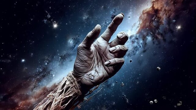 A mummified hand against a space background with stars and nebulae