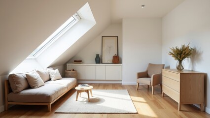 Fototapeta premium Sunny Attic Living Space with Modern Minimalist Decor