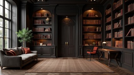 Elegant Classic Library with Dark Wood Shelves and Soft Lighting