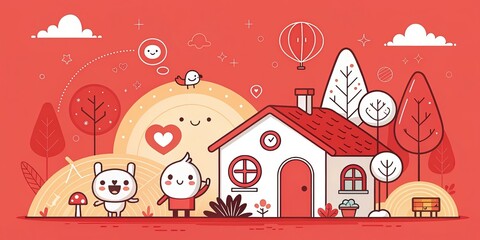 minimalist cute cartoon red background