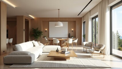 Luxurious Open-Plan Living Space with Neutral Tones and High Ceilings