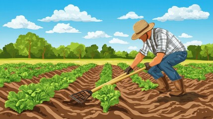 Farmer Tilling a Field of Green Crops