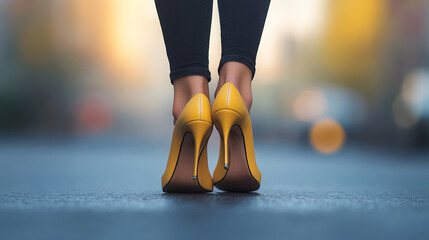 
Stylish lifestyle walking, feet in designer heels striding through a chic urban district